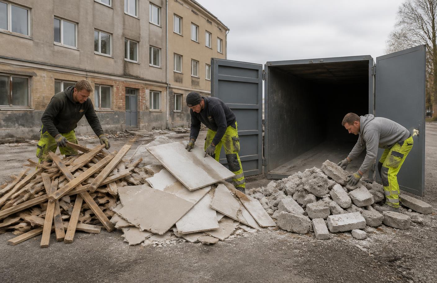 Töömehed sorteerivad puitu, kipsi ja betooni konteineri kõrval