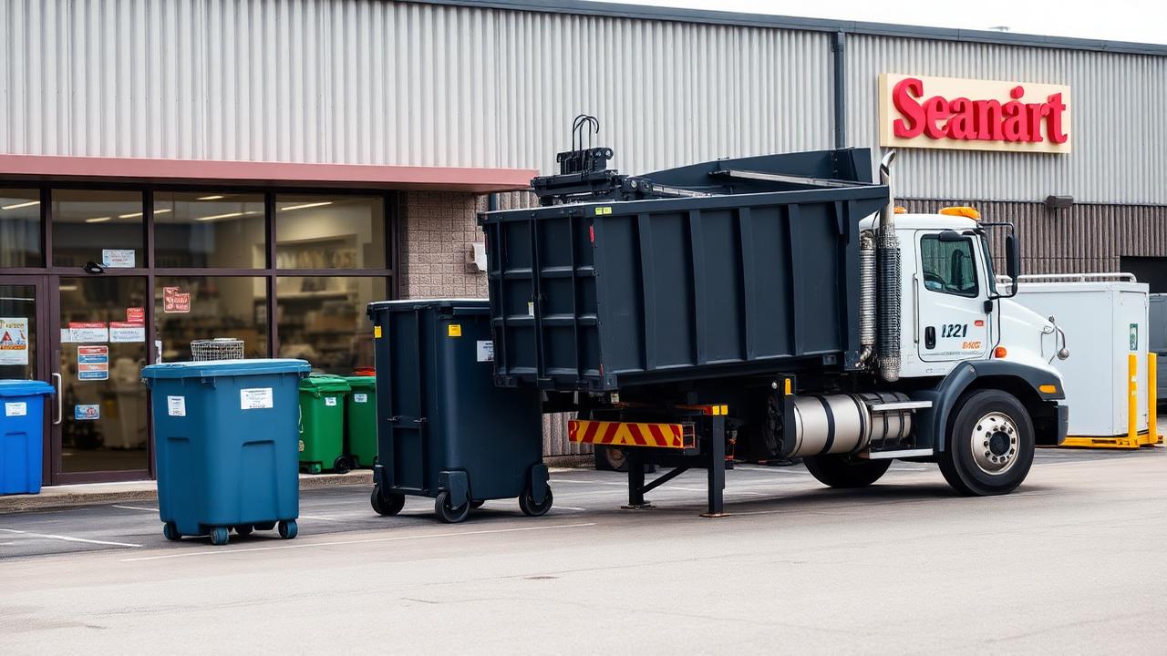 Jäätmekonteinerid rivistatud kaupluse ja lao tagahoovis regulaarseks äraveoks