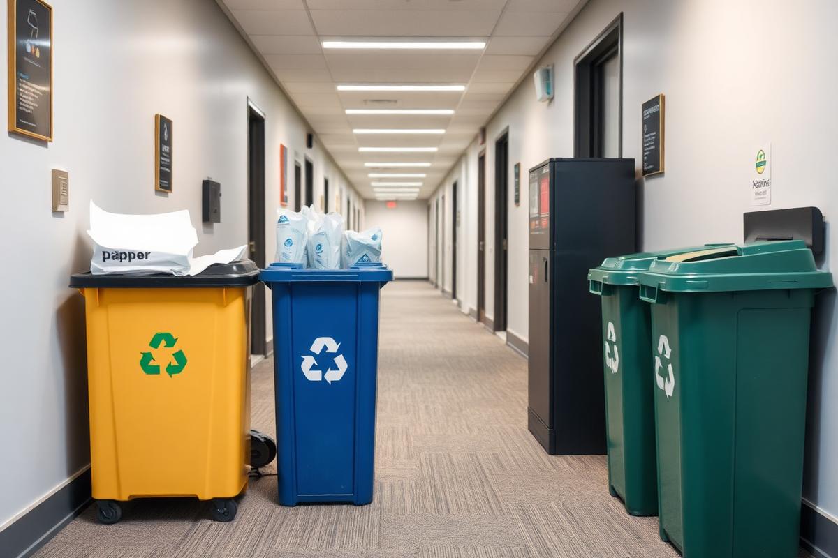 Töötaja viskab pakendijäätmed selgelt märgistatud konteinerisse laoruumis