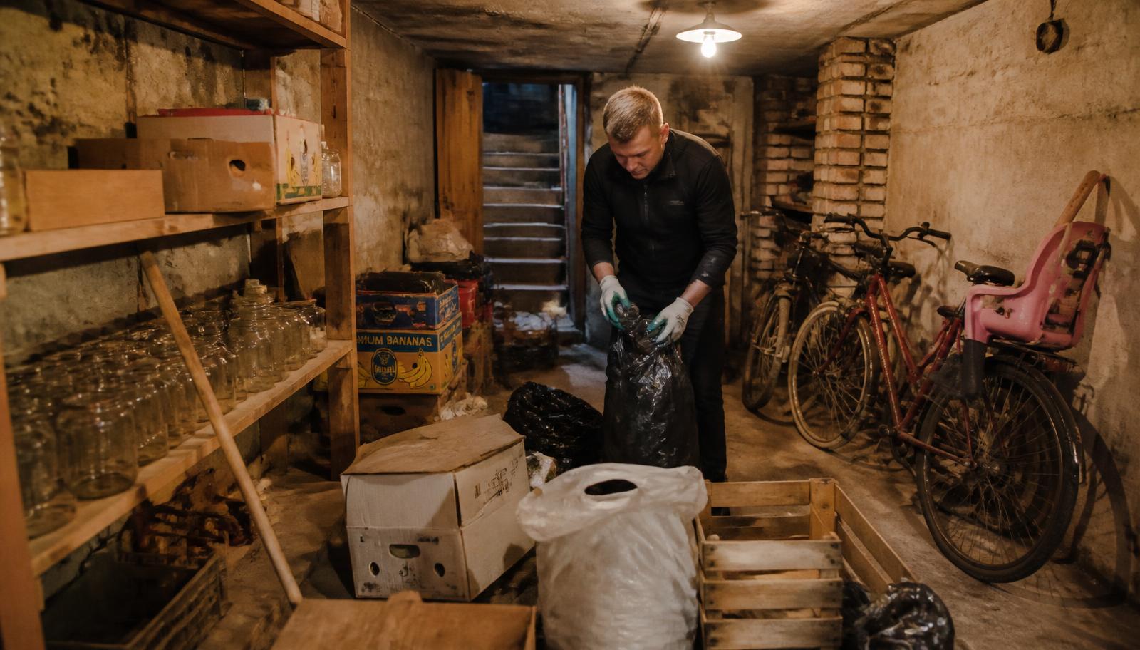 Töötaja sorteerib vanu esemeid ja kotte korterelamu keldri panipaigas