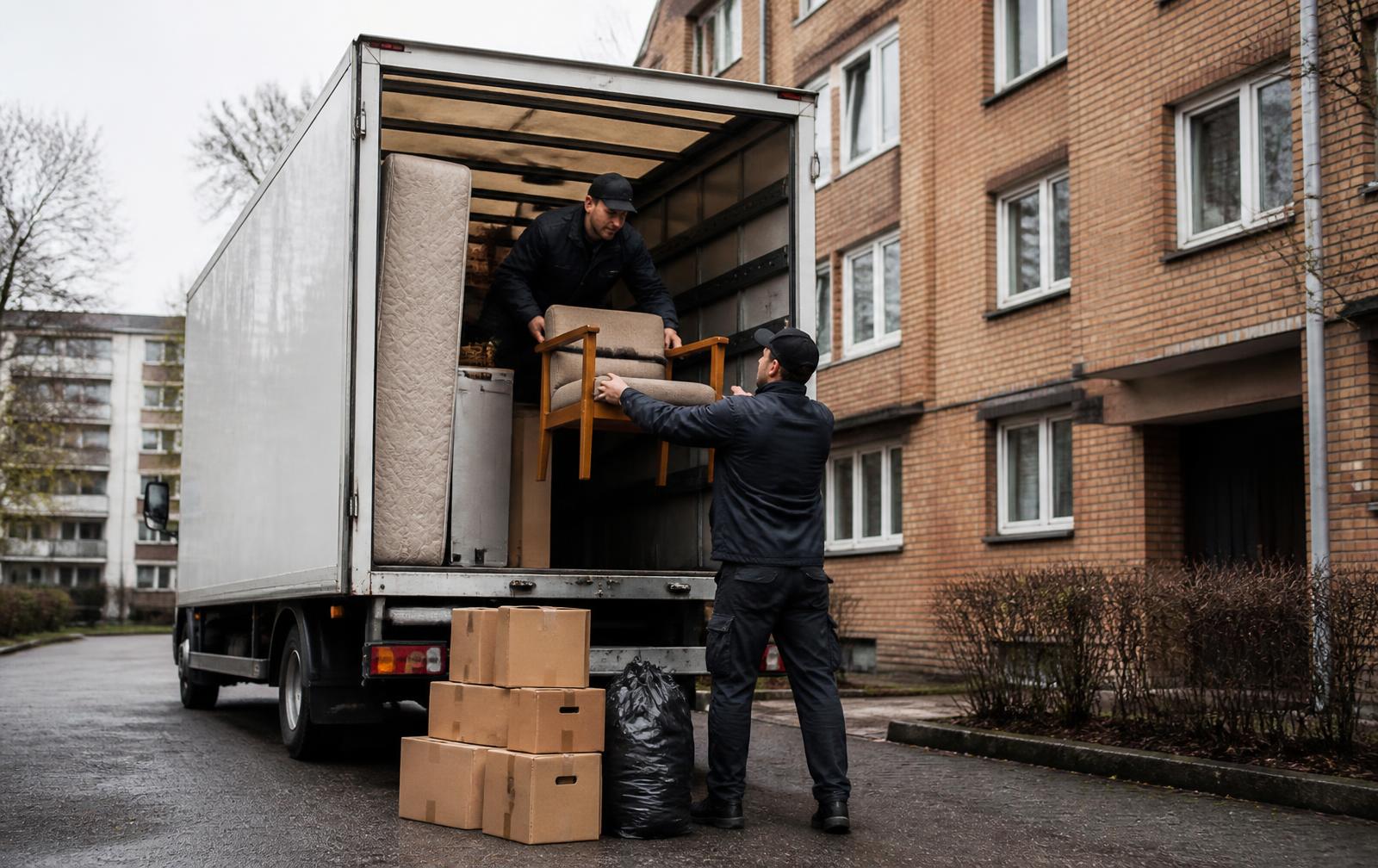 Töömehed laadivad kolimisest üle jäänud kaste, madratsit ja tugitooli kortermaja hoovis seisvasse veoautosse