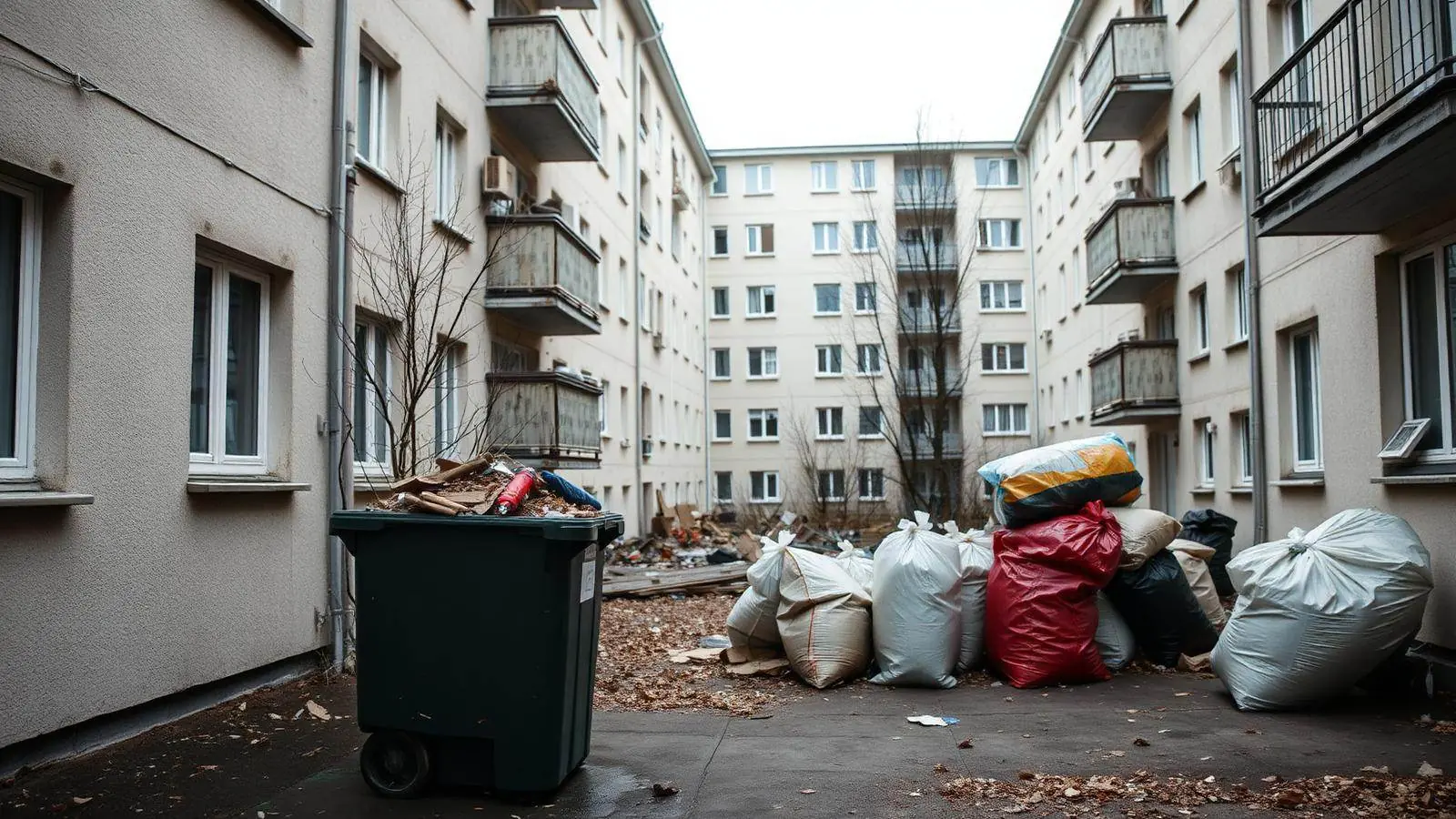 Väike konteiner kortermaja hoovis remondijäätmete kogumiseks