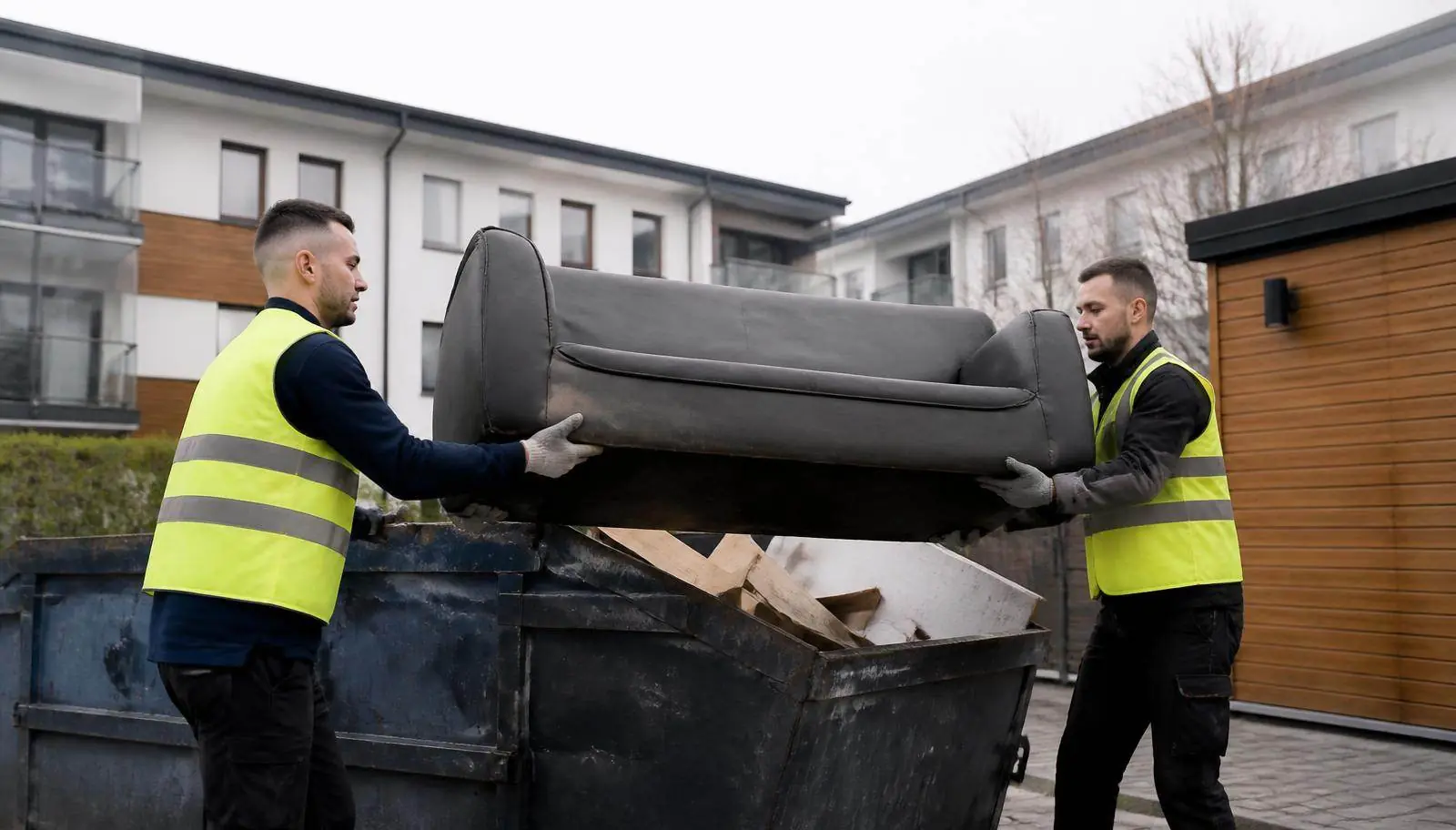 Kaks kõrgnähtavusvestides töömeest tõstavad vana diivanit konteinerisse hoovis