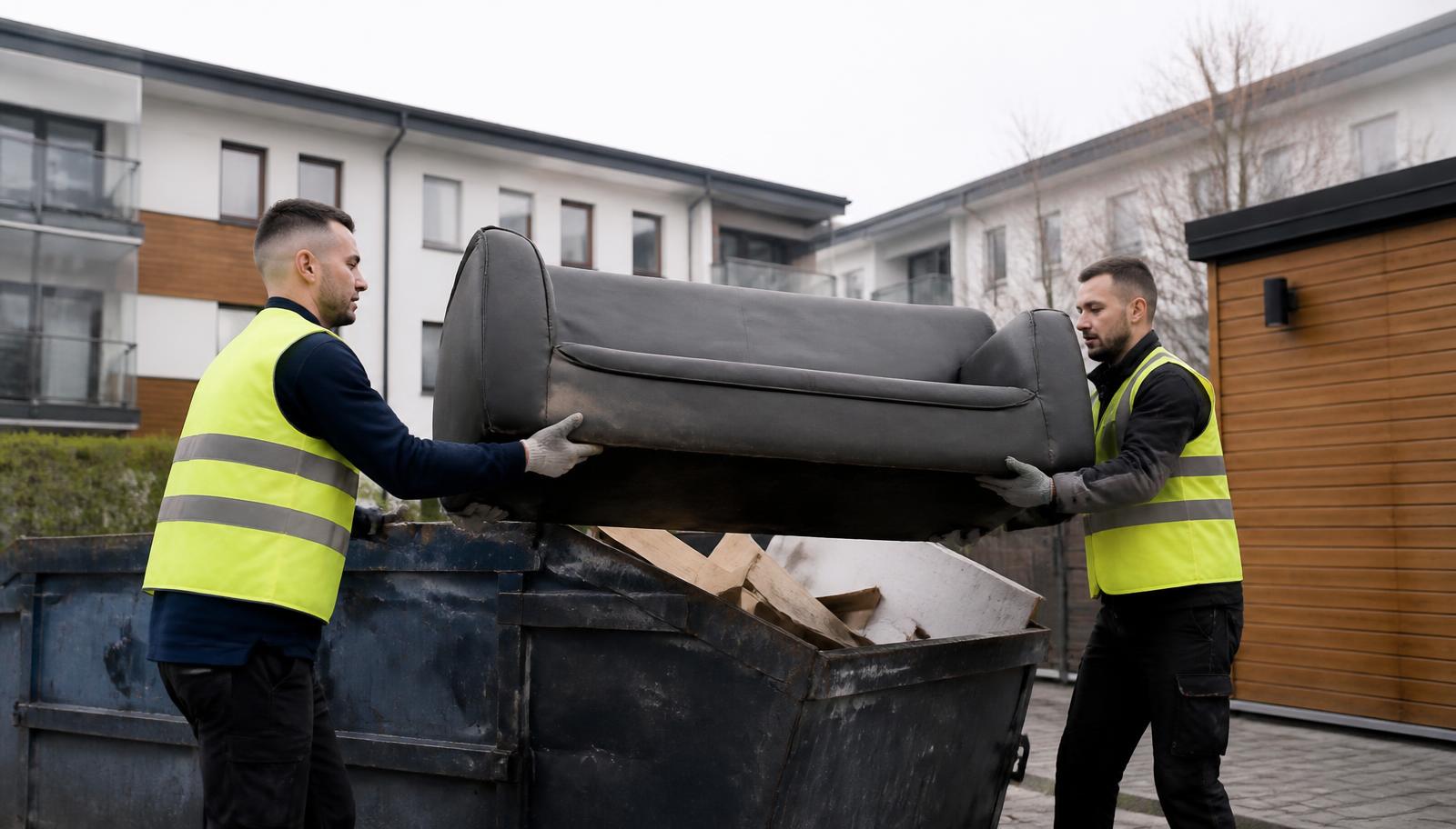 Kaks kõrgnähtavusvestides töömeest tõstavad vana diivanit konteinerisse hoovis