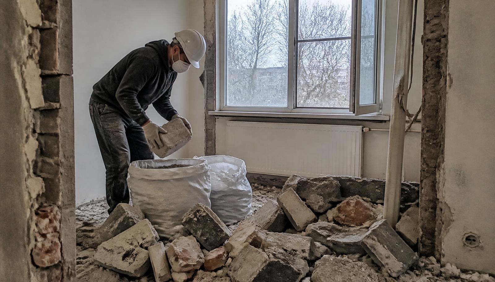 Tolmumaskiga töömees kogub lammutatavas ruumis kokku betooni- ja tellisepraht