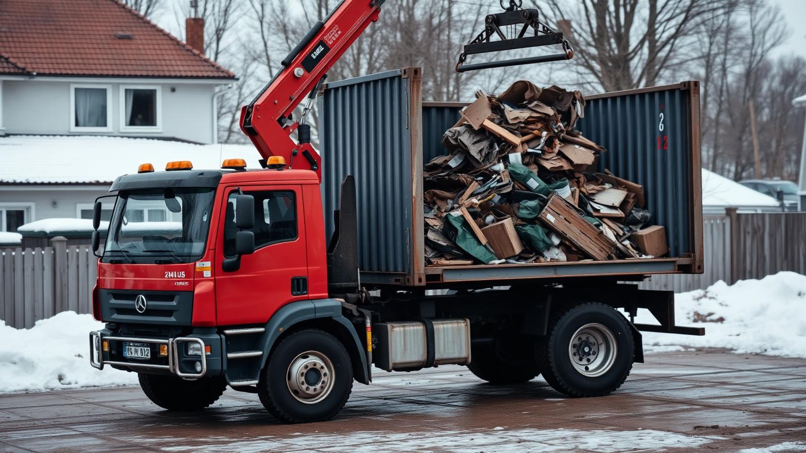 Крюковой манипулятор поднимает заполненный контейнер для отходов сноса на автомобиль во дворе в Харьюмаа