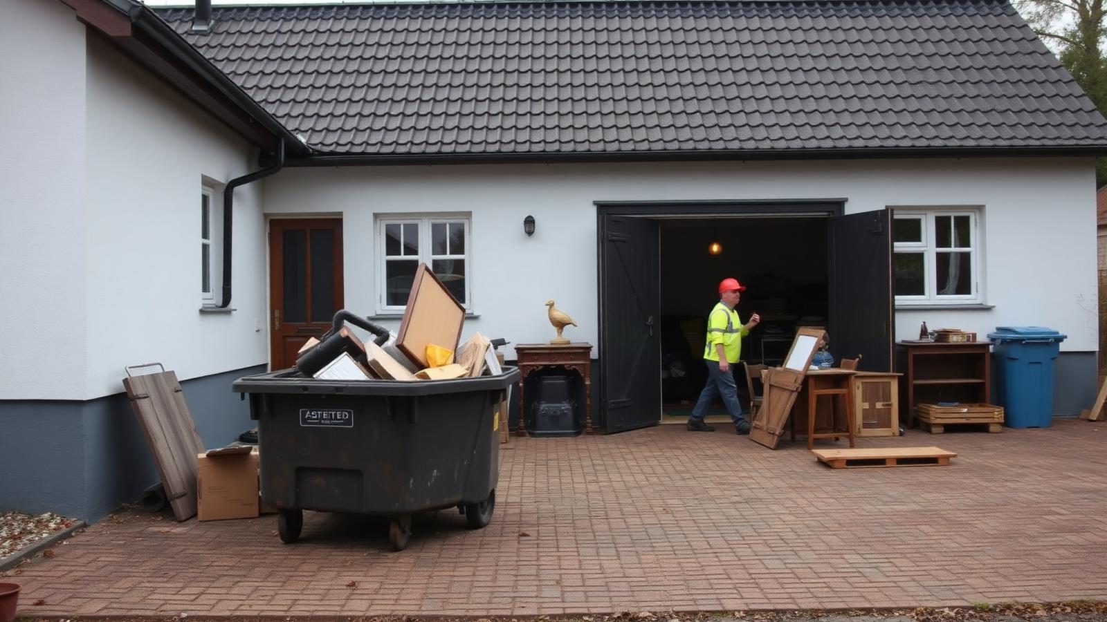 Töömehed kannavad vanu mööbliesemeid eramajast õuel seisvasse konteinerisse