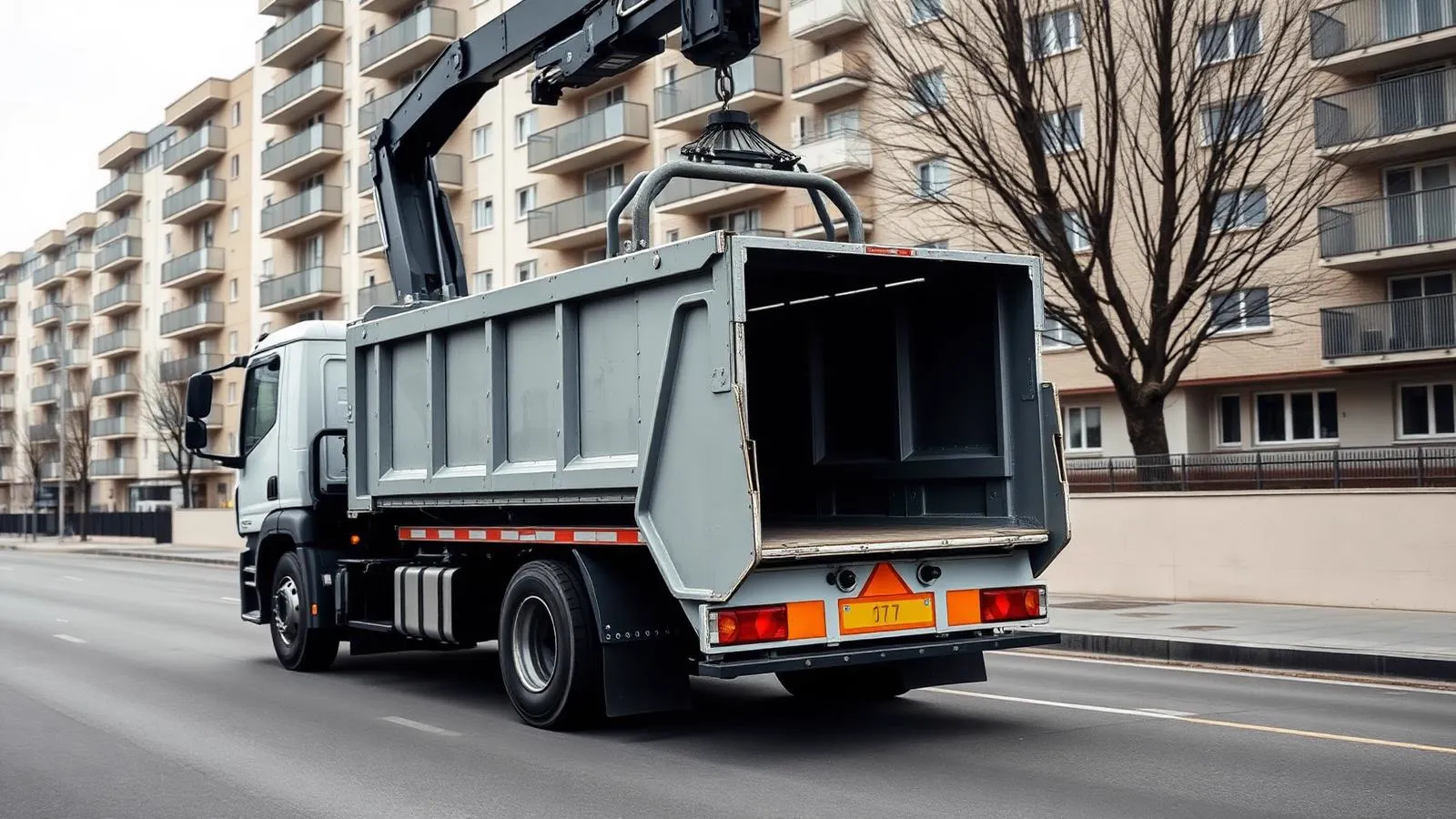 Multilift-veok koos avatud terasest jäätmekonteineriga Tallinna tänaval