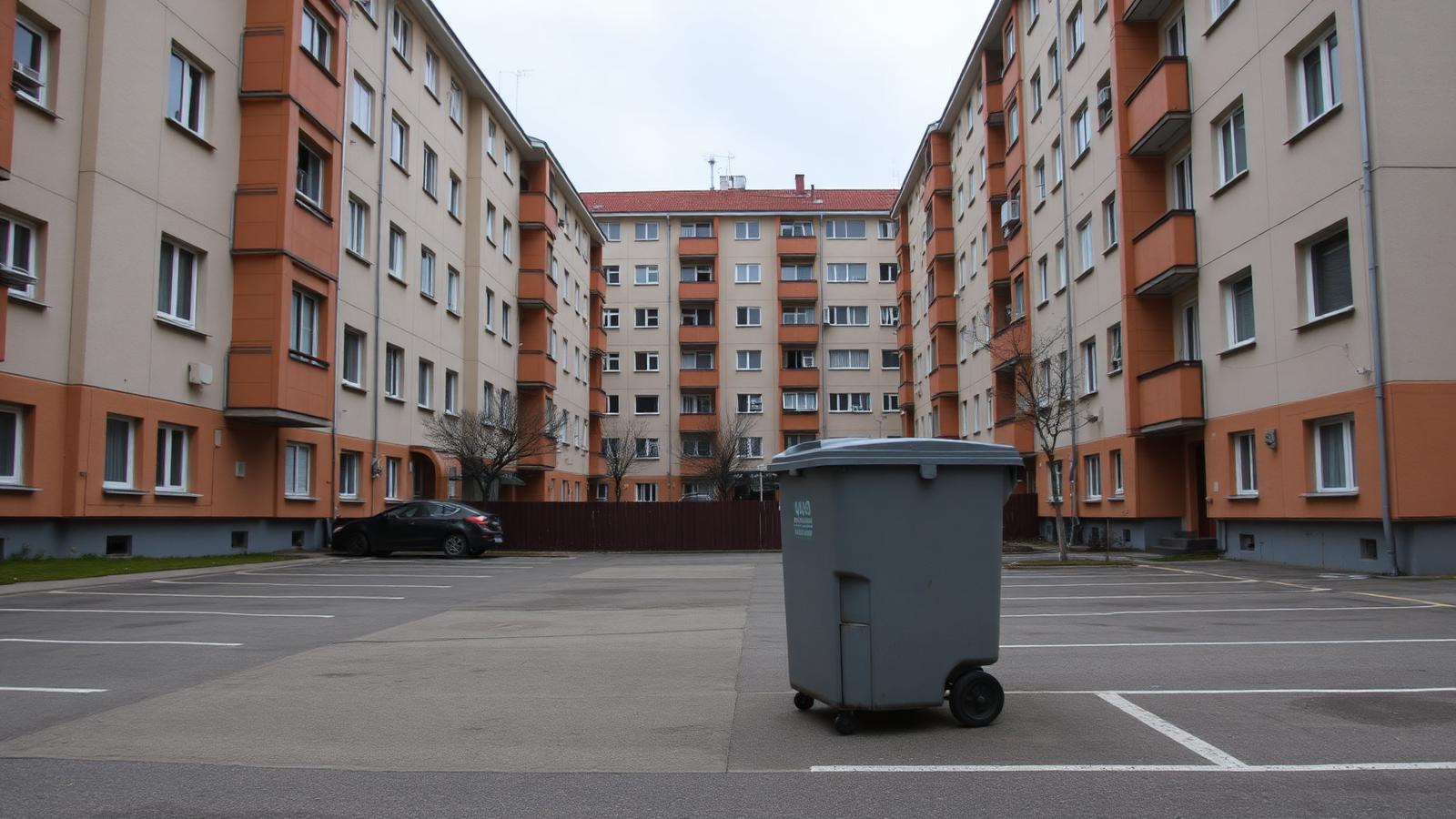 Контейнеровоз во дворе панельного дома в Ласнамяэ для вывоза отходов