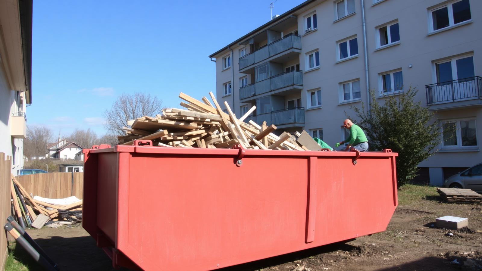 Контейнер для строительного мусора во время фасадных работ в жилом доме Маарду