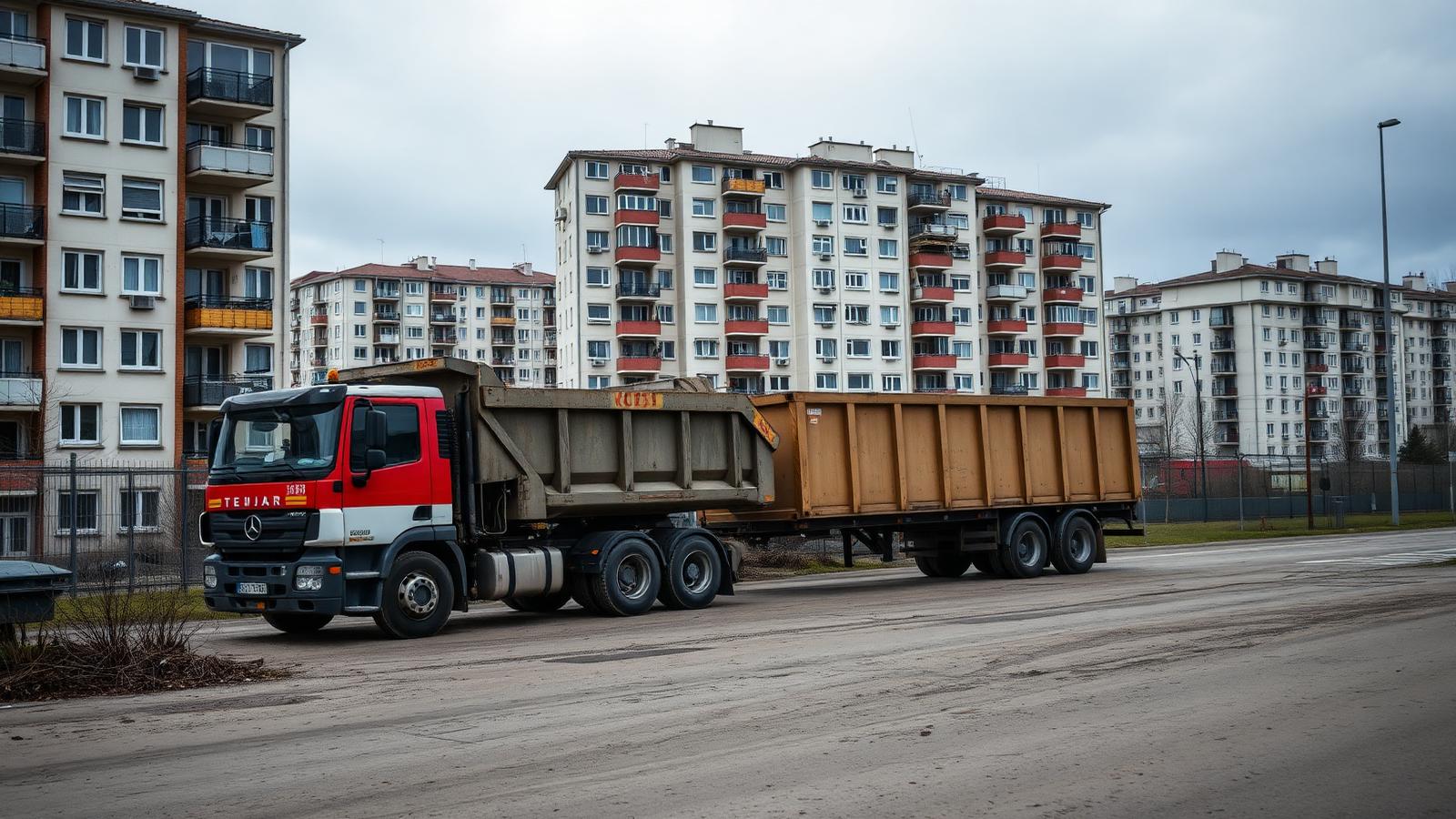 Автомобиль привозит контейнер для мусора во двор многоквартирного дома в Маарду