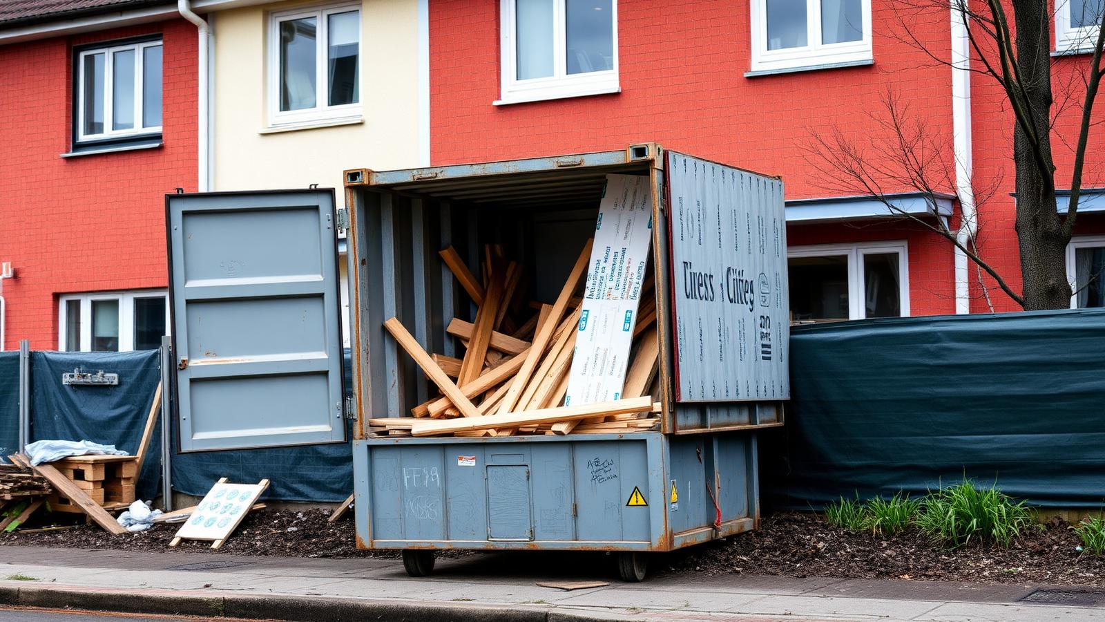 Ehitusjäätmete konteiner Peetri ridaelamu ehitusplatsi kõrval