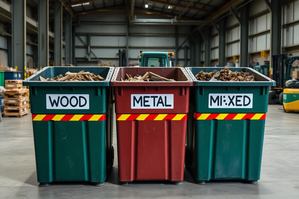 Märgistatud sorteerimiskastid puidule, metallile ja segajäätmetele laos