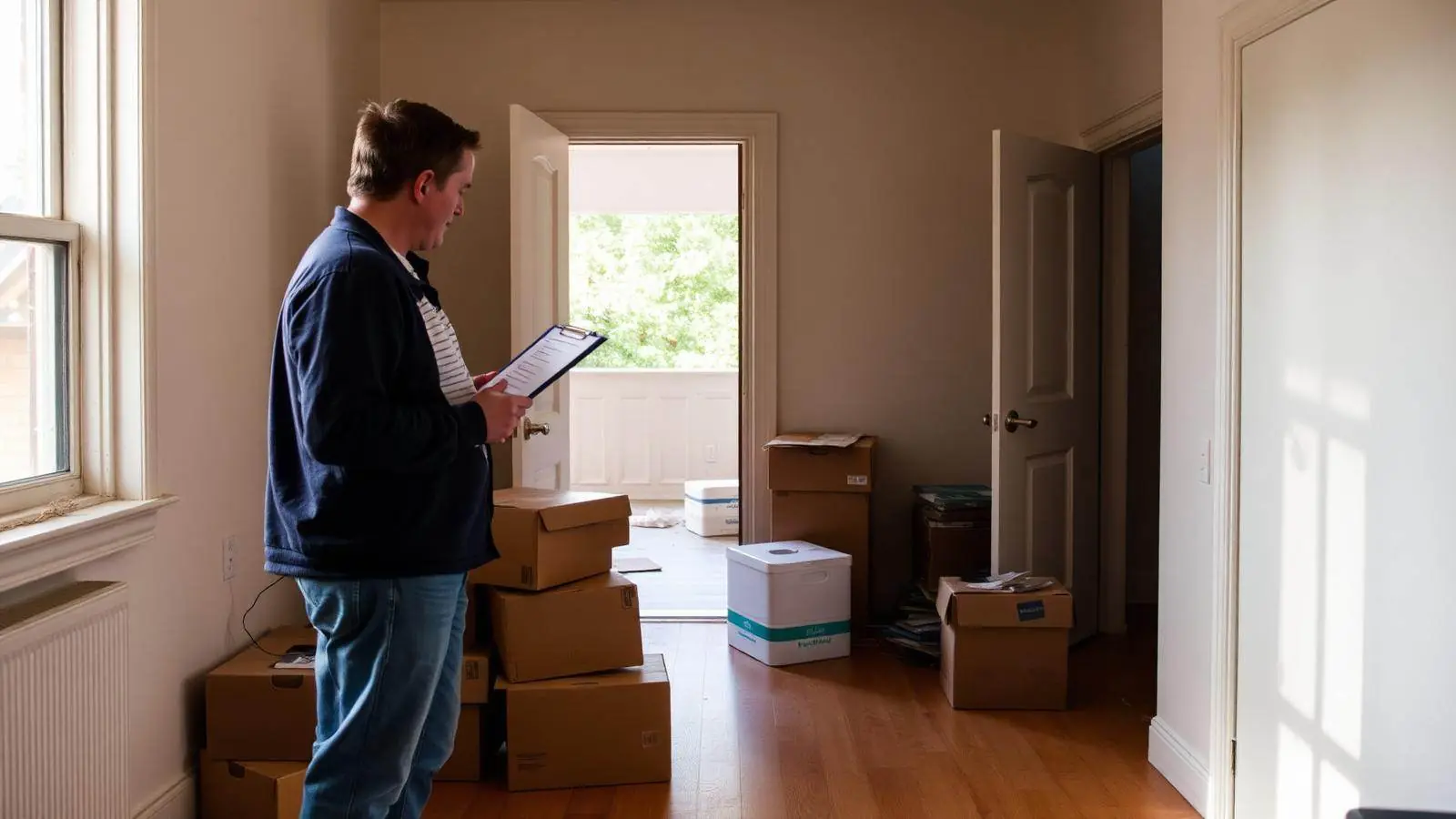Inimene kontrollnimekirjaga tühjendatavas korteris kastide kõrval
