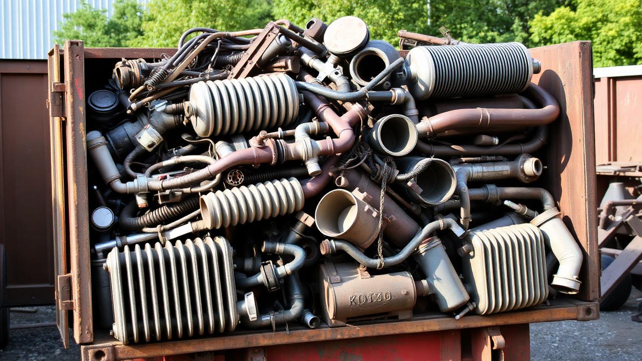Vana metallkatel ja roostetanud torud koos veoautoga vanametalli äraveoks